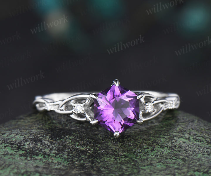 Hexagon amethyst ring vintage white gold Celtic knot princess cut amethyst ring women five stone unique engagement ring jewelry gift