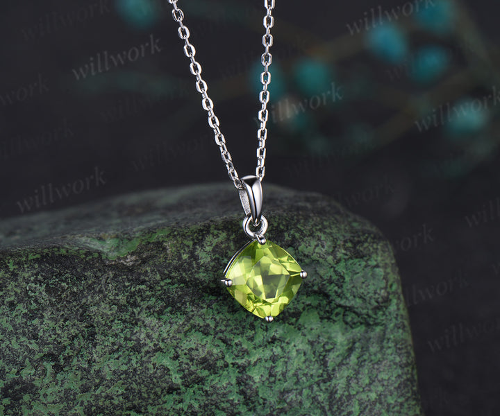 Dainty cushion cut peridot Necklace solid 14k white gold square cut Solitaire Pendant Minimalist anniversary gift August birthstone