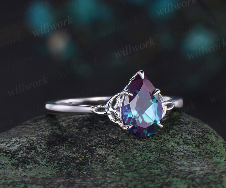 Unique pear shaped alexandrite engagement ring set rose gold silver Celtic Knot Norse Viking ring band vintage moissanite wedding ring set