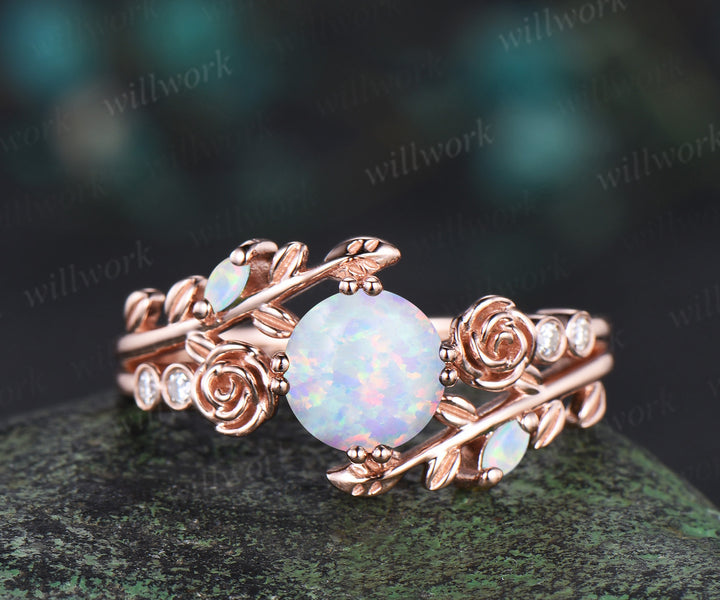 Round cut white opal engagement ring 14k rose gold leaf floral bezel diamond ring vintage split shank 8 prong wedding ring women