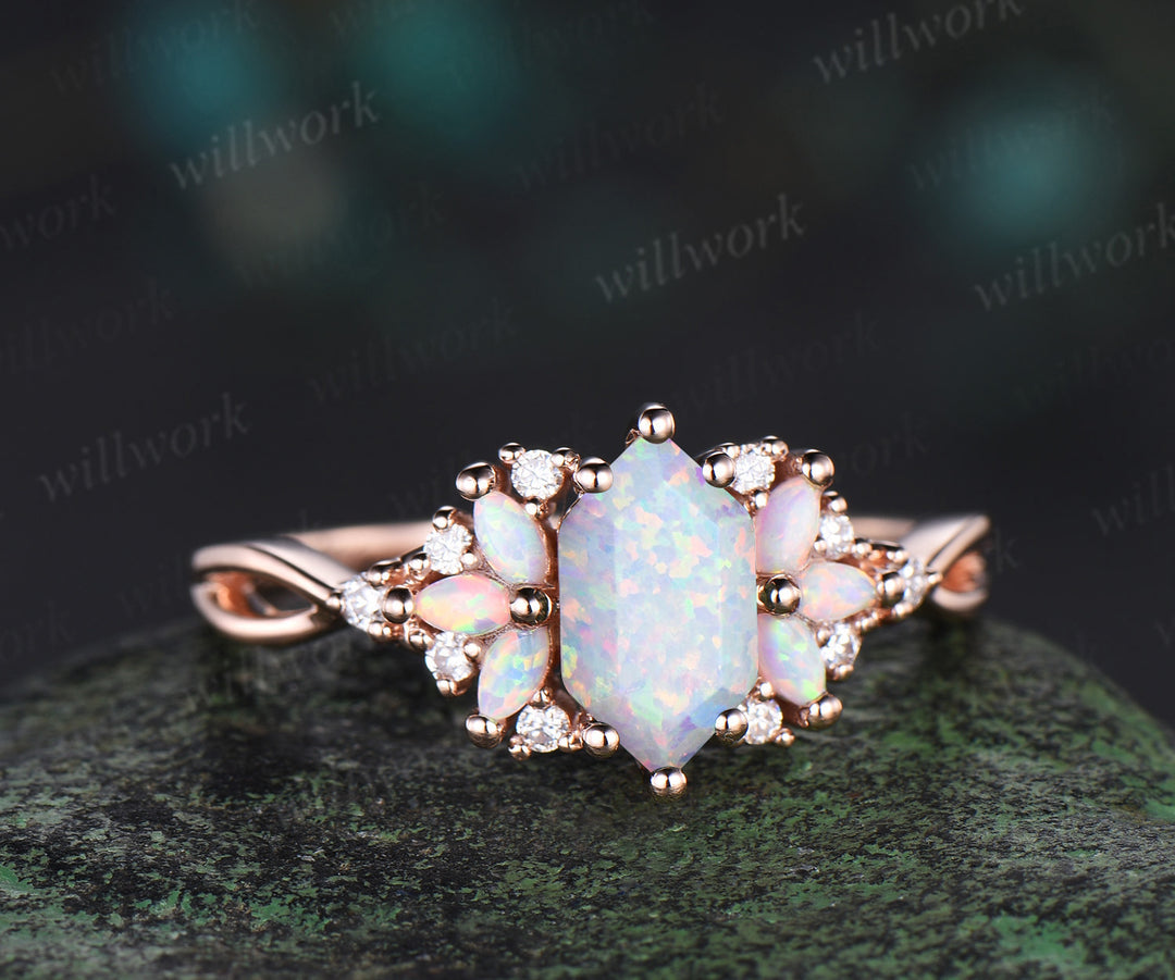 Vintage Long Hexagon cut white opal engagement ring cluster marquise cut opal wedding ring art deco infinity band ring for women