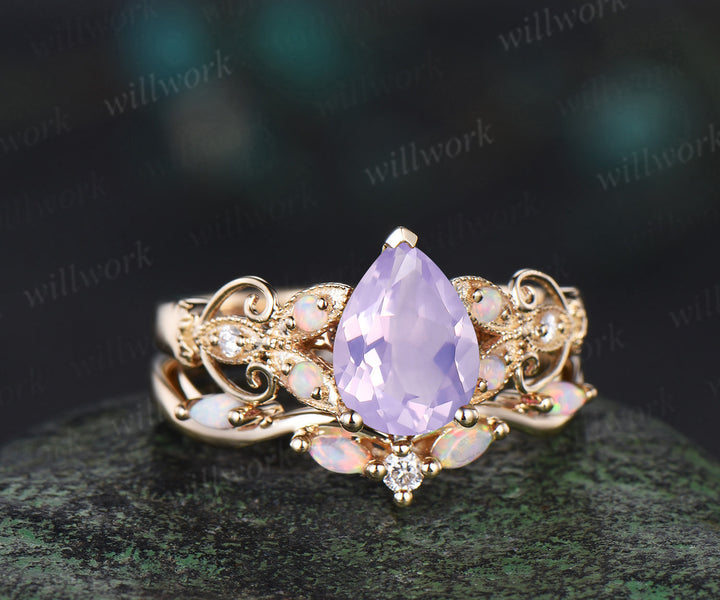 Vintage pear Lavender Amethyst engagement ring set yellow gold butterfly Milgrain opal ring women stacking anniversary ring set gift