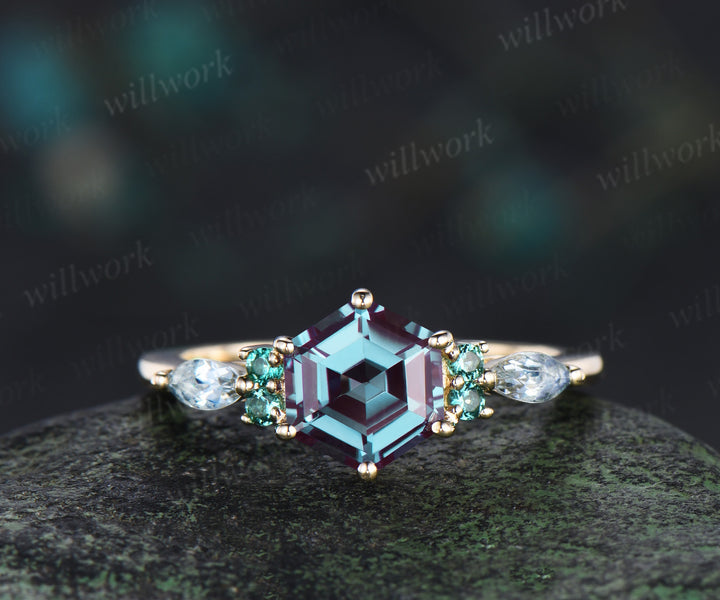 Hexagon cut alexandrite engagement ring round emerald marquise moonstone seven stone ring unique color change gem ring for women