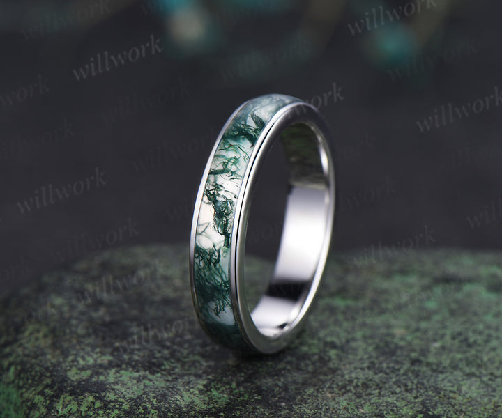 Full eternity natural moss agate wedding ring mens solid 14k 18k white gold unique wedding bridal ring women