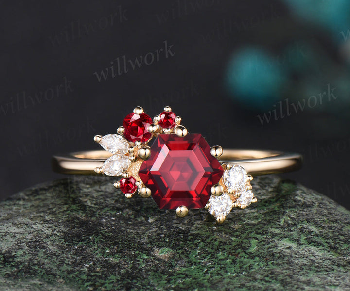 Hexagon cut red ruby engagement ring cluster diamond ring 14k yellow gold unique wedding ring