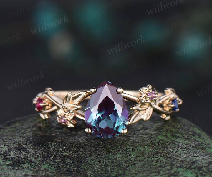 Pear alexandrite ring yellow gold amethyst ruby sapphire infinity leaf floral engagement ring antique wedding ring