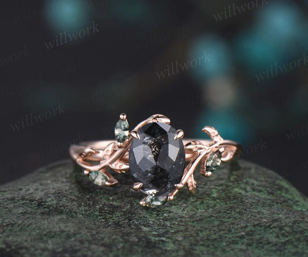 Vintage oval cut salt and pepper diamond engagement ring art deco cluster leaf nature inspired bridal promise wedding ring set women