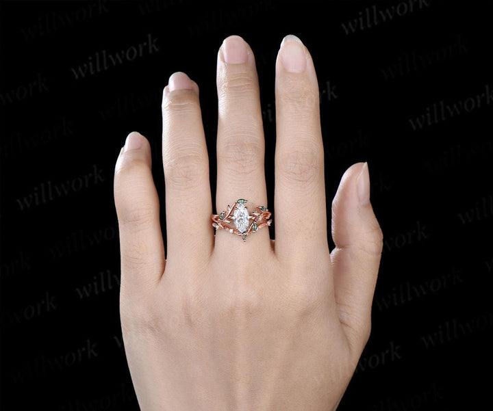 Marquise lab grown diamond leaf ring set marquise moss agate wedding ring nature inspired bridal set