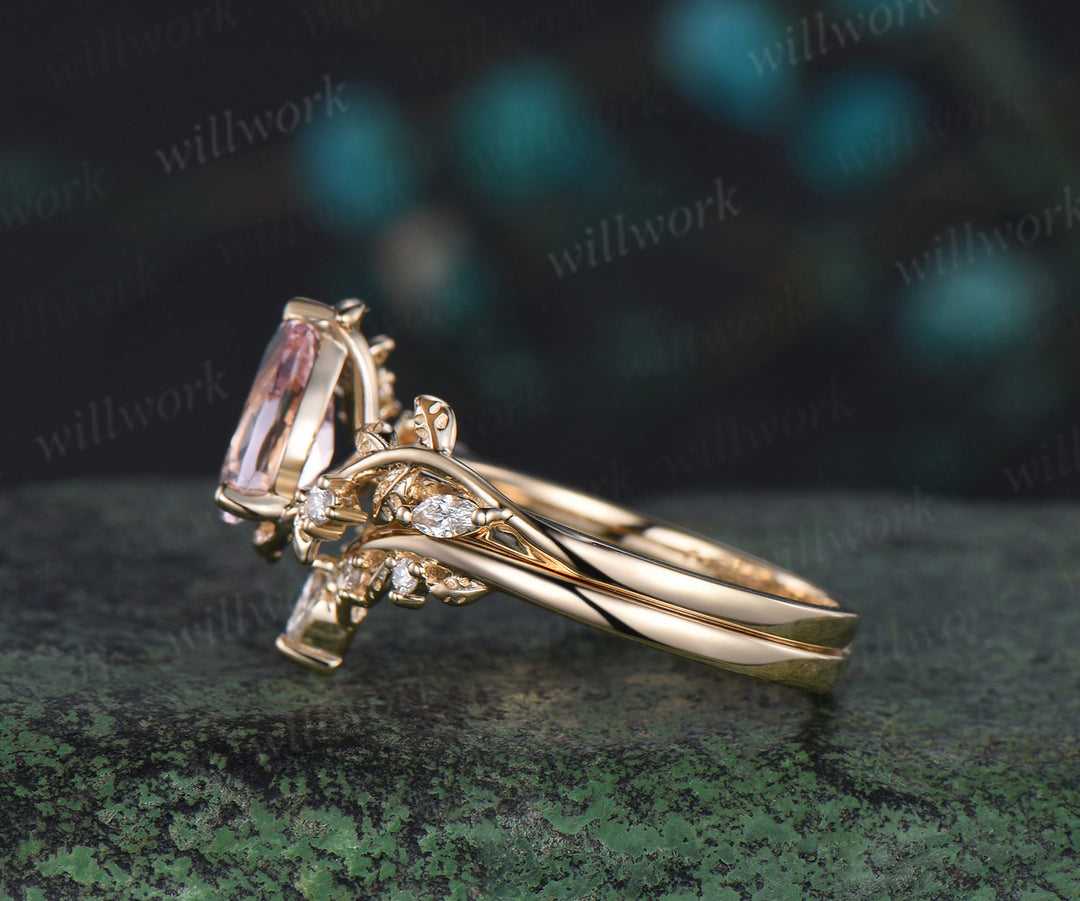 Pear shaped pink morganite engagement ring set solid 14k yellow gold leaf branch nature inspired promise bridal ring women jewelry