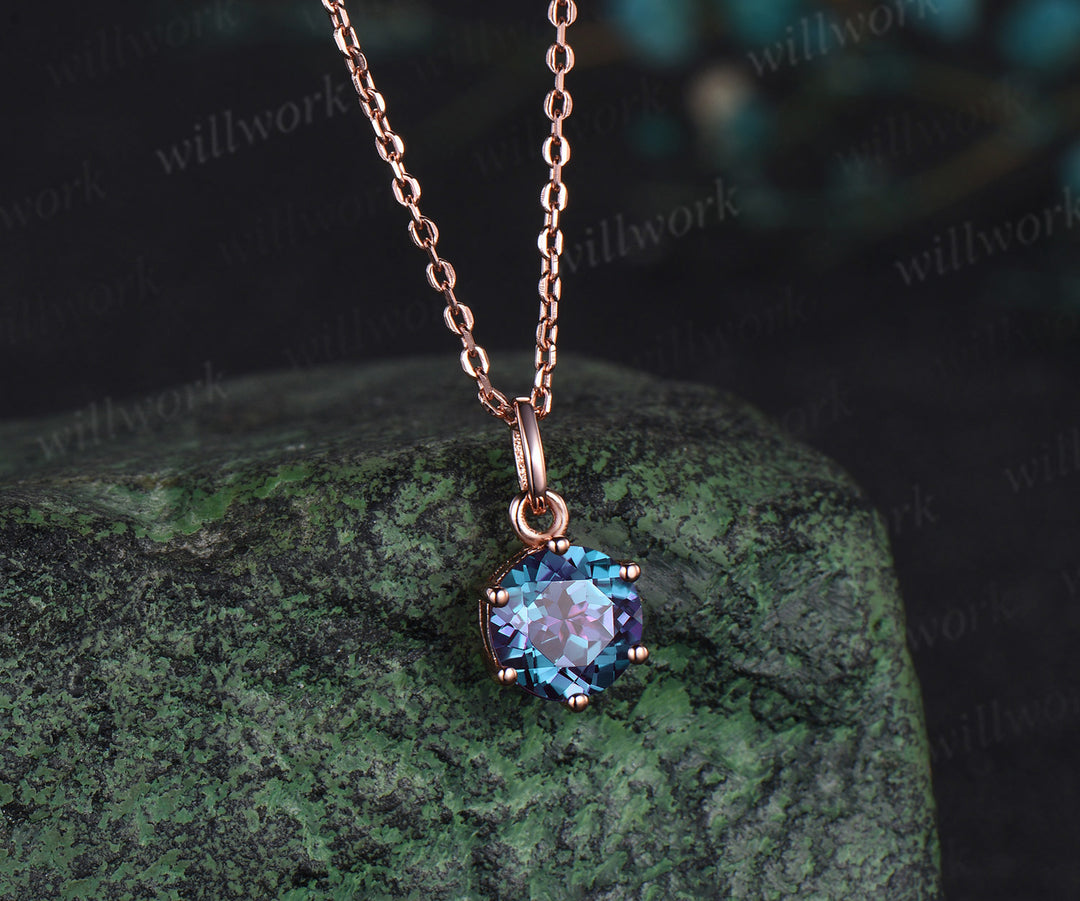 Round Cut Alexandrite Necklace Solid 14k 18k Rose Gold Vintage Unique Personalized 6 Prong Pendant For Women Her Gemstone Anniversary Bridal Gift Mother