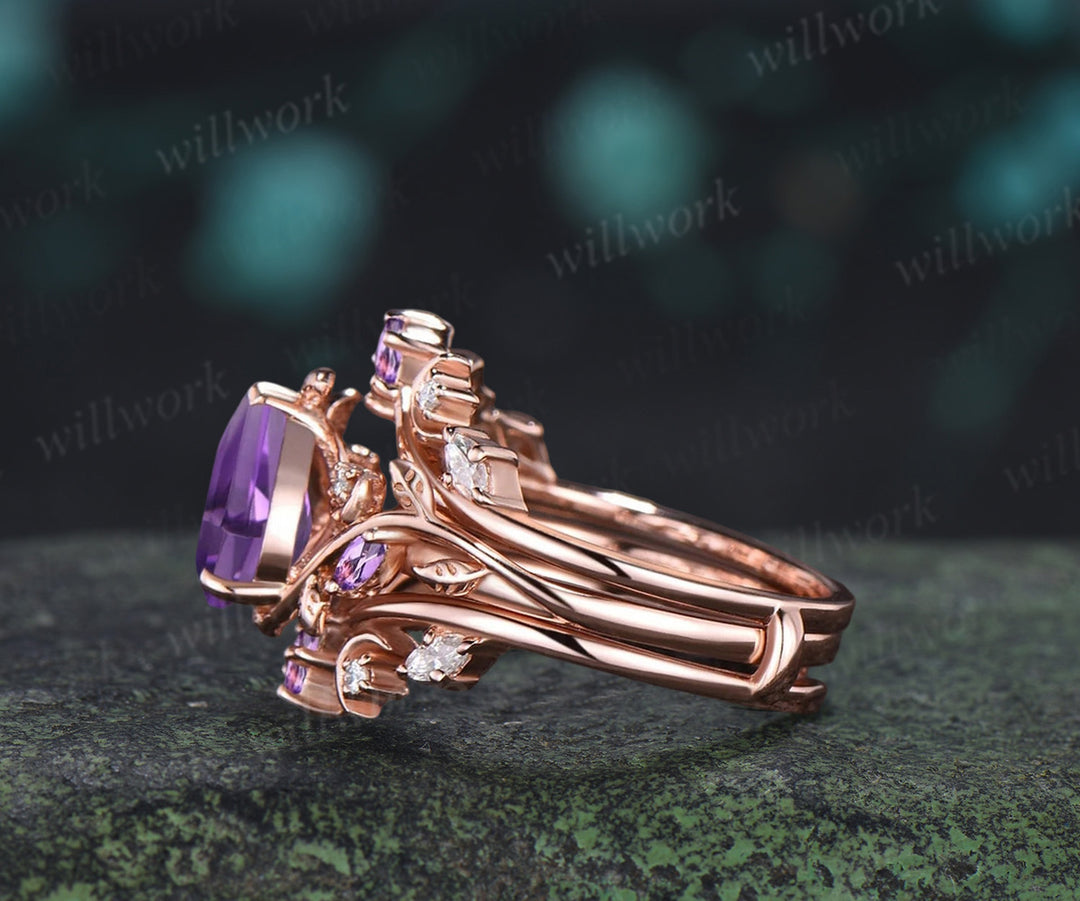 Pear Purple Amethyst Engagement Ring Nature Inspired Branch Leaf Moon Sold Gold Wedding Ring Set