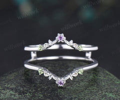 Dainty amethyst floral peridot wedding band white gold leaf enhancer ring stackable double layer wedding ring for women