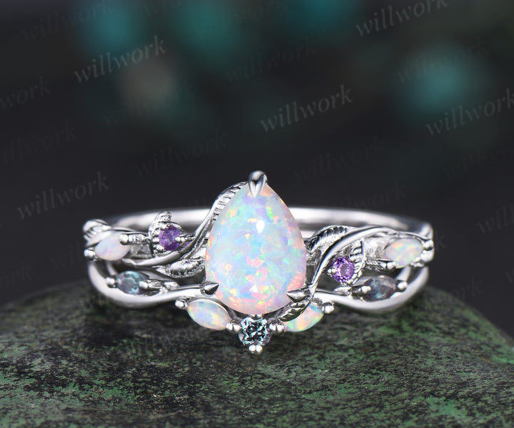 Nature Inspired opal Bridal Set 14k white gold Unique Twig Vine Teardrop opal Engagement Ring Ring Set ameethyst ring owmen