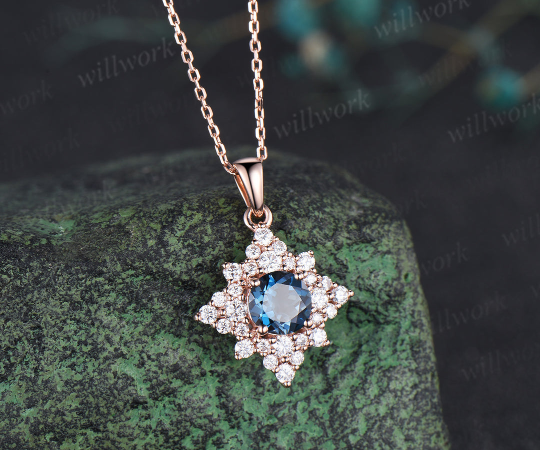 Dainty Round Cut Natural London Blue Topaz Necklace 14k Rose Gold Moissanite Halo Cluster Pendant Minimalist December Birthstone Necklace