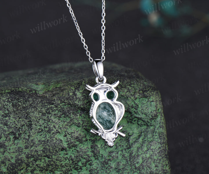 Unique Owl Moss Agate Necklace Personalized Pendant Necklace 14k 18k White Gold Emerald Pendant Night Owl Animal Inspired Promise Gift