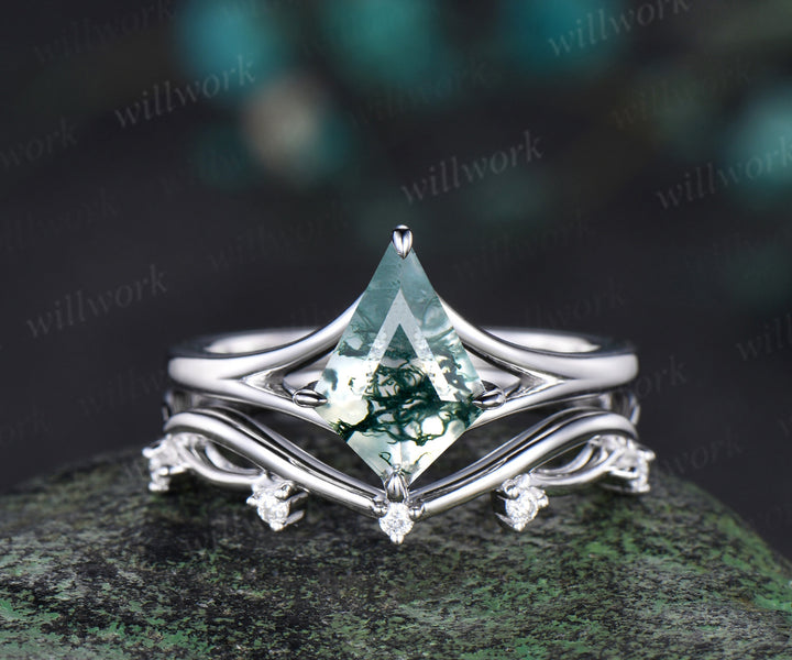 Kite cut moss agate bridal ring set white gold unique split shank engagement ring infinity wedding ring set women