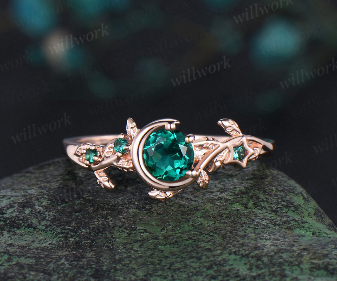 Vintage round cut green emerald engagement ring rose gold leaf star moon moss agate bridal anniversary ring set women jewelry