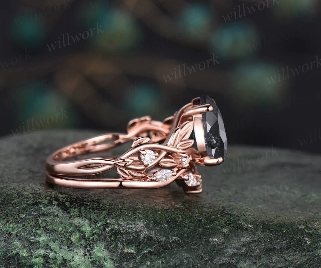 Twig Pear Salt and Pepper Diamond Engagement Ring Set Nature Inspired Leaf Aniversary Ring for Women