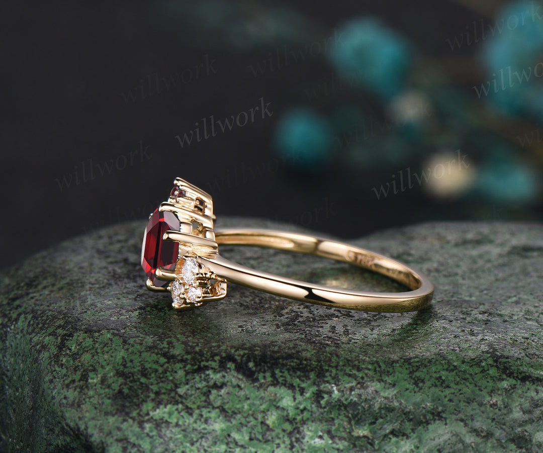 Hexagon cut red ruby engagement ring cluster diamond ring 14k yellow gold unique wedding ring