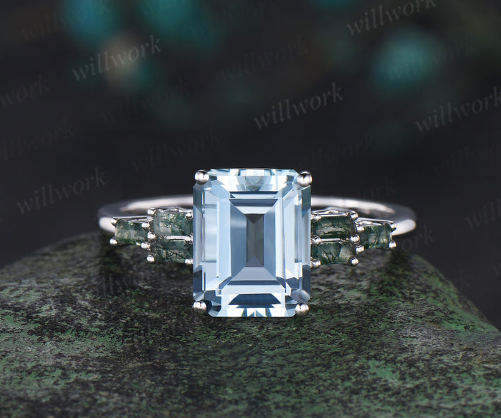 Unique 4CT Emerald Cut Aquamarine Engagement Ring Retro Cluster Baguette Moss Agate white gold Wedding Ring Vintage Anniversary Gift Women