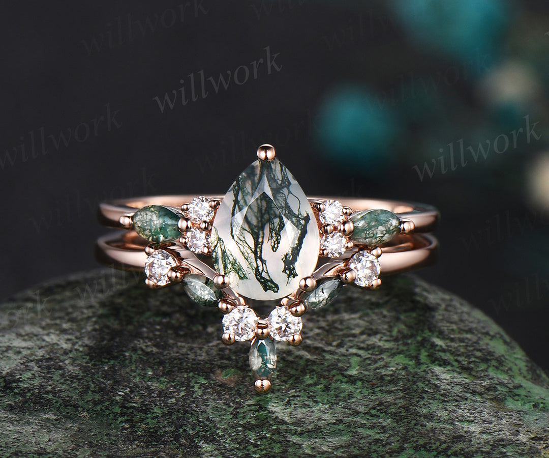 Pear cut moss agate engagement ring set vintage rose gold dainty diamond ring women unique wedding bridal ring set jewelry