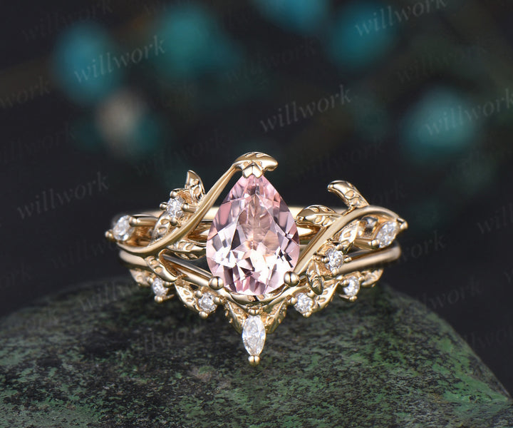 Pear shaped pink morganite engagement ring set solid 14k yellow gold leaf branch nature inspired promise bridal ring women jewelry