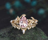 Pear shaped pink morganite engagement ring set solid 14k yellow gold leaf branch nature inspired promise bridal ring women jewelry