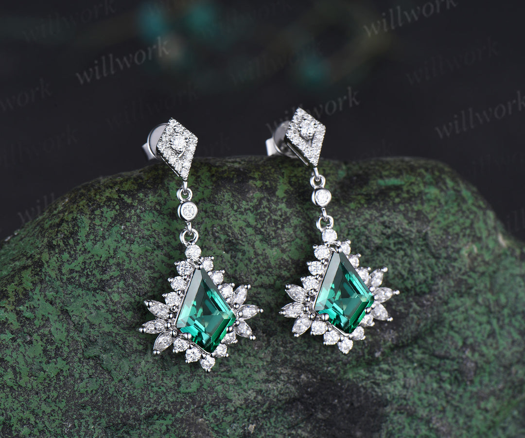 Vintage kite cut emerald drop earrings marquise moissanite halo dangel earrings May birthstone jewelry gifts for women