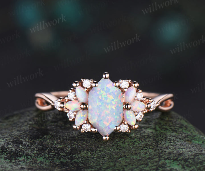 Vintage Long Hexagon cut white opal engagement ring cluster marquise cut opal wedding ring art deco infinity band ring for women