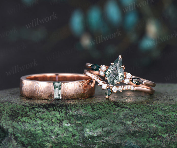 Captivating Moss Agate Kite Ring Set | Refined baguette Moss Agate Men's Ring 14K rose gold couple set jewellery Perfect for Valentine's Day Gifts and Thoughtful Presents for Her