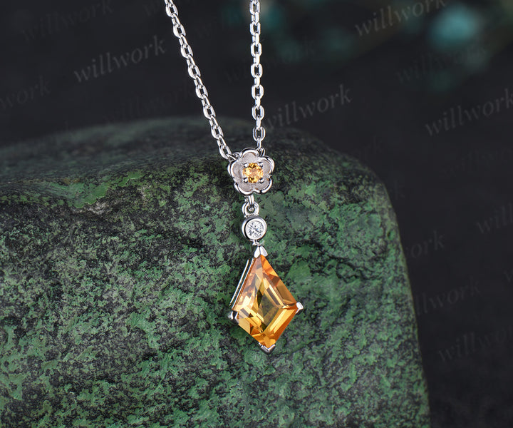 Kite cut citrine necklace solid 14k 18k yellow gold bezel diamond floral pendant women her gemstone anniversary bridal gift mother jewelry