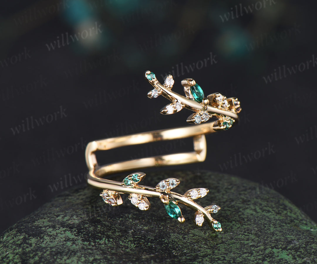 Emerald alexandrite leaf wedding band enhancer wraps solid 14k yellow gold cluster double open gap diamond ring women art deco anniversary gift