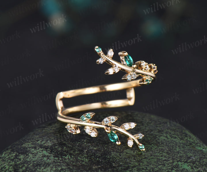 Emerald alexandrite leaf wedding band enhancer wraps solid 14k yellow gold cluster double open gap diamond ring women art deco anniversary gift