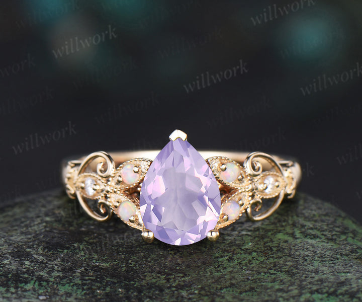 Vintage pear Lavender Amethyst engagement ring set yellow gold butterfly Milgrain opal ring women stacking anniversary ring set gift