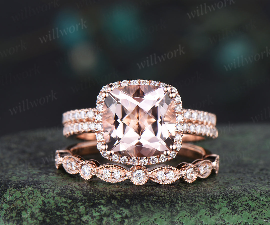 Cushion Cut Morganite Engagement Ring Set halo half eternity diamond wedding ring set rose gold art deco Milgrain bridal set jewelry