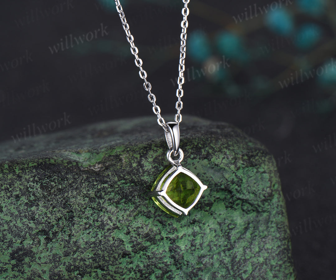 Dainty cushion cut peridot Necklace solid 14k white gold square cut Solitaire Pendant Minimalist anniversary gift August birthstone