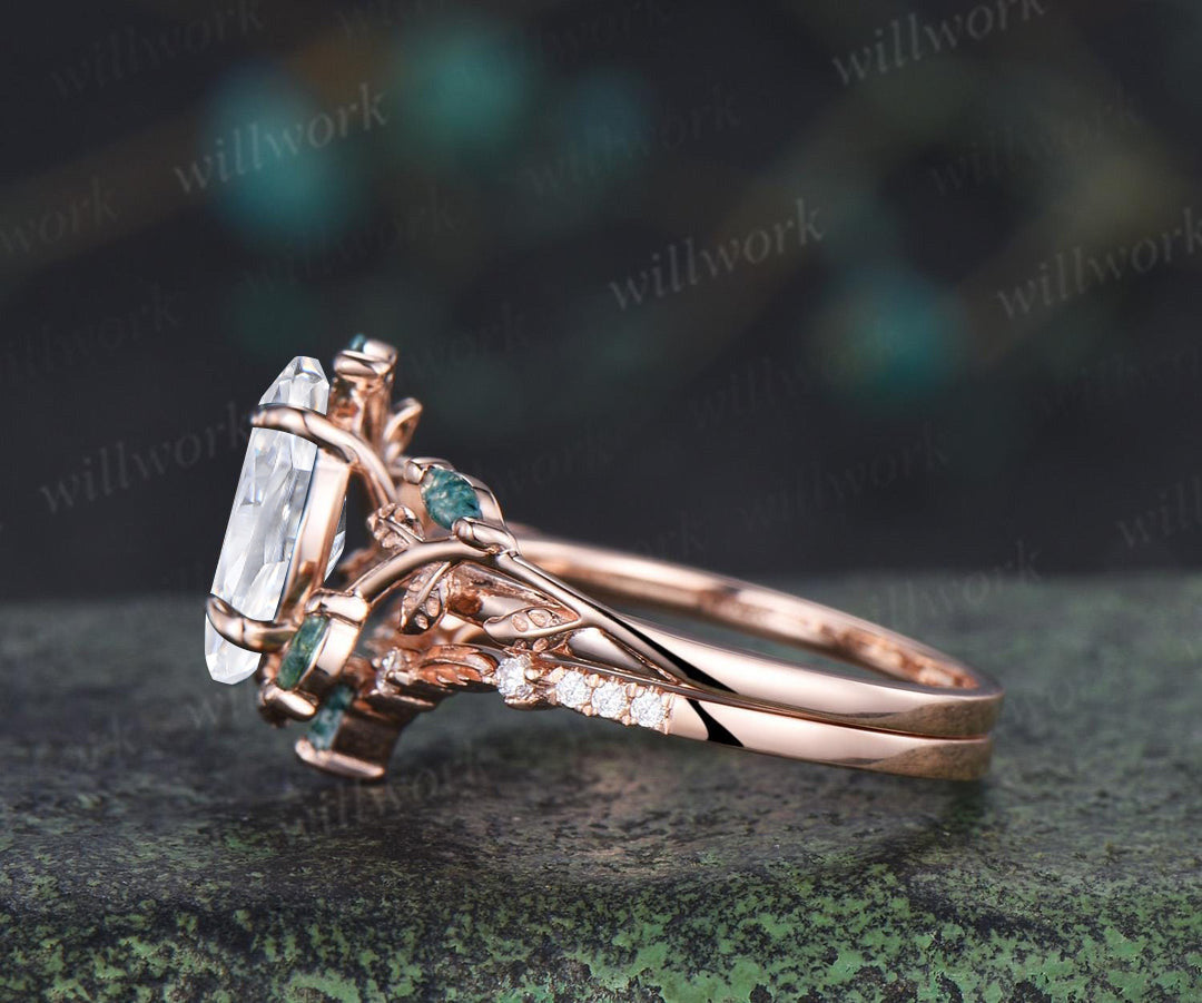 Marquise lab grown diamond leaf ring set marquise moss agate wedding ring nature inspired bridal set