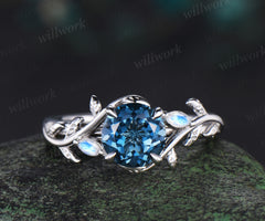 1ct round cut London blue topaz Engagement Ring 14k white gold leaf three stone moonstone ring women vintage branch anniversary gift