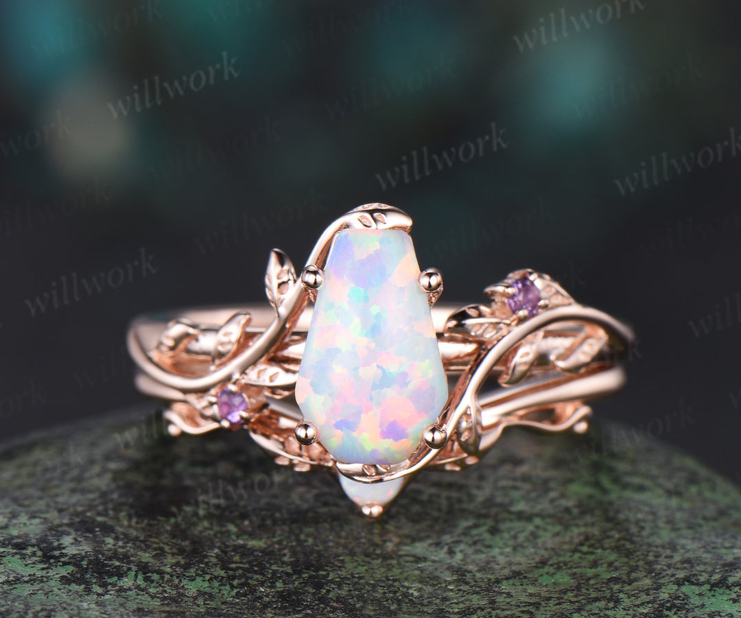 Vintage coffin white opal engagement ring rose gold leaf nature inspired amethyst ring women bridal anniversary ring set gift