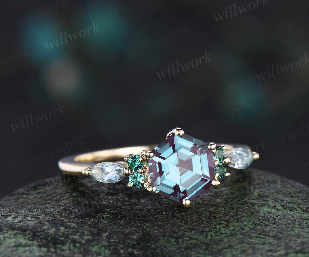 Hexagon cut alexandrite engagement ring round emerald marquise moonstone seven stone ring unique color change gem ring for women