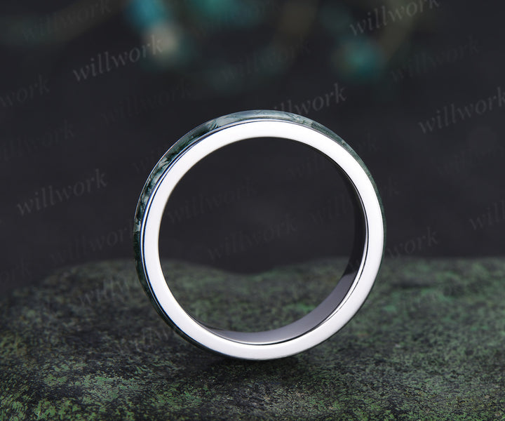 Full eternity natural moss agate wedding ring mens solid 14k 18k white gold unique wedding bridal ring women