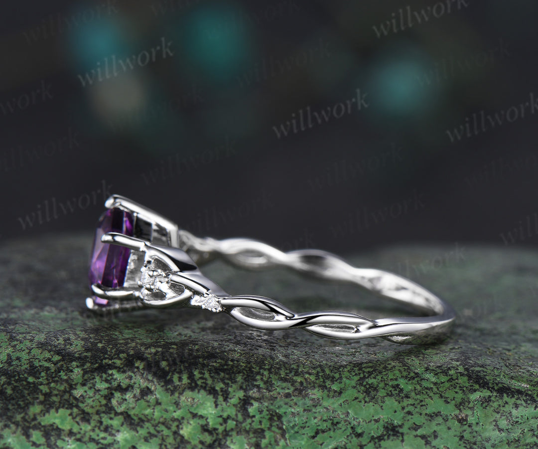 Hexagon amethyst ring vintage white gold Celtic knot princess cut amethyst ring women five stone unique engagement ring jewelry gift