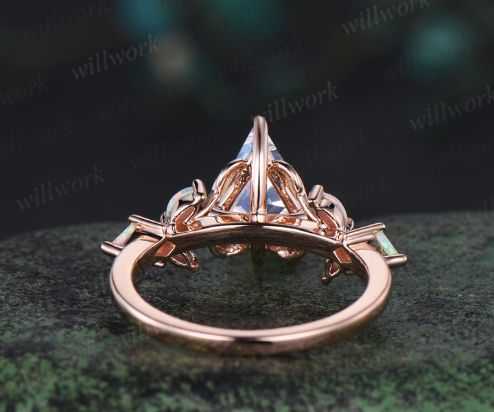 Unique kite cut natural moonstone engagement ring leaf cluster opal ring 14k rose gold antique promise wedding ring women jewelry