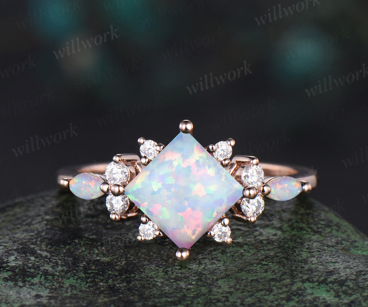 Square white opal engagement ring set cluster diamond rose gold ring women stacking promise wedding ring set