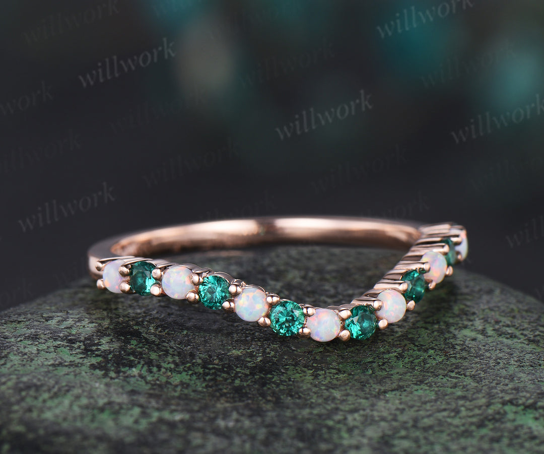 Curved opal emerald wedding band solid 14k rose gold Multi-Stone rings stacking bridal anniversary ring women gift