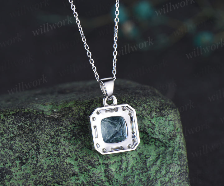 2ct Cushion Cut Natural Aquamarine Moissanite Pendant Necklace Women Solid 14K/18K white Gold Blue Gemstone Pendant Birthday Gift