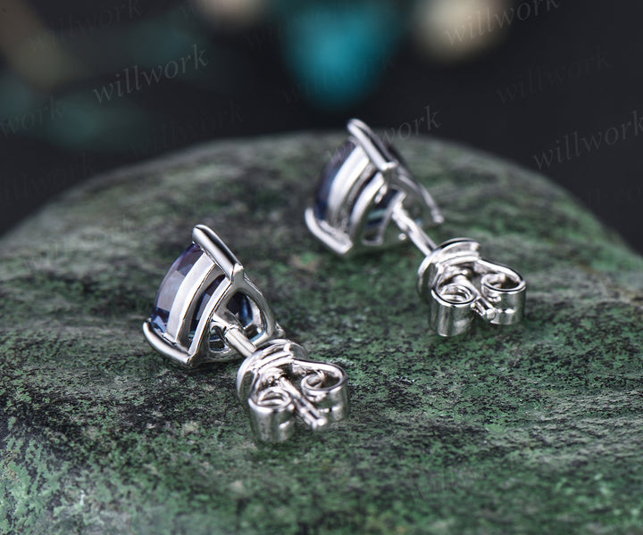 Trillion cut alexandrite earring studs minimalism unique earrings sterling silver 14k/18k white gold earrings for women birthstone gifts for her