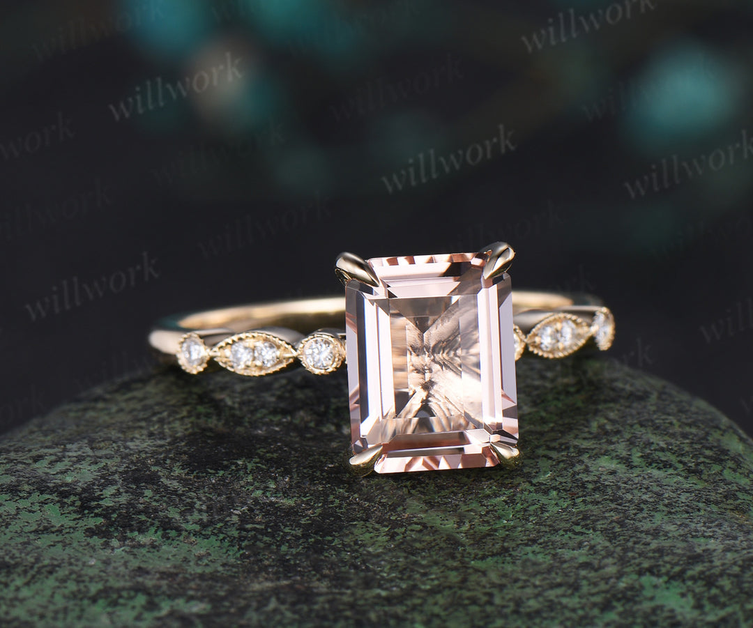 Emerald cut morganite ring vintage yellow gold Milgrain unique