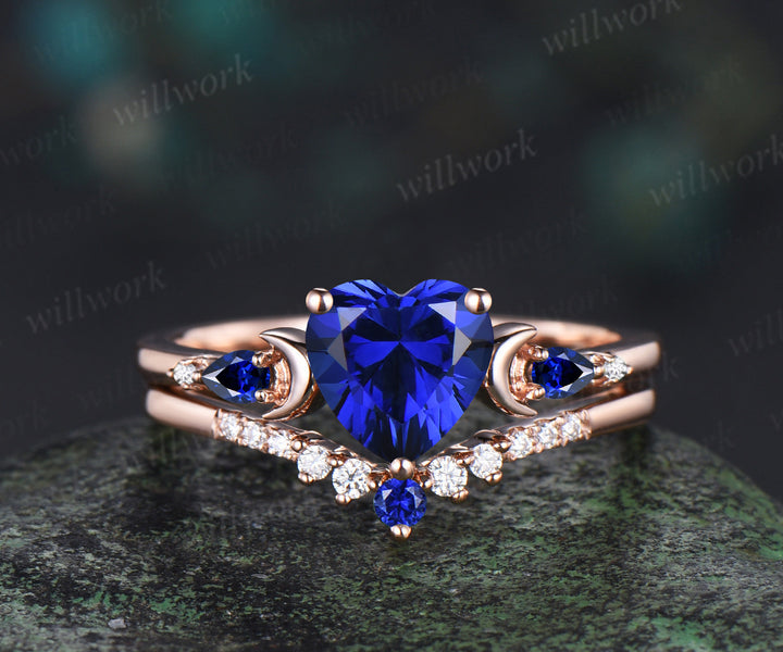 Unique heart cut sapphire engagement ring set five stones art deco moon ring moissanite sapphire wedding band bridal set