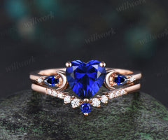 Unique heart cut sapphire engagement ring set five stones art deco moon ring moissanite sapphire wedding band bridal set